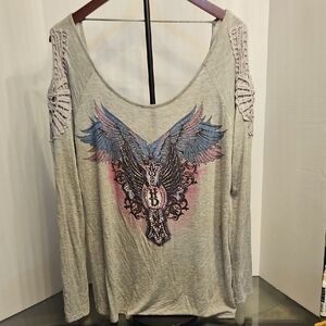 Harley-Davidson Gray Long Sleeve Top with Blue and Pink Wing Design Low Back Cut